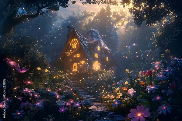 Fototapeta A luminous, enchanting cottage nestled within a mystical forest at night.