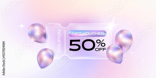 Obraz Transparency glass coupon label with balloon and holographic gradient background. Discount offer tag with shiny, glossy, reflective surface.