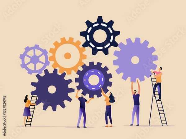 Fototapeta Teamwork and Collaboration Concept with People Connecting Gears Representing Business Strategy Problem Solving and Innovation in a Flat Vector Illustration