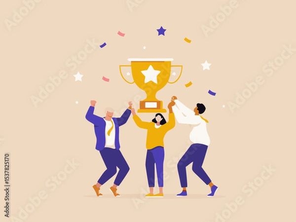 Fototapeta Team Celebrating Victory with Trophy and Confetti Symbolizing Success and Achievement in Business Sports or Competition