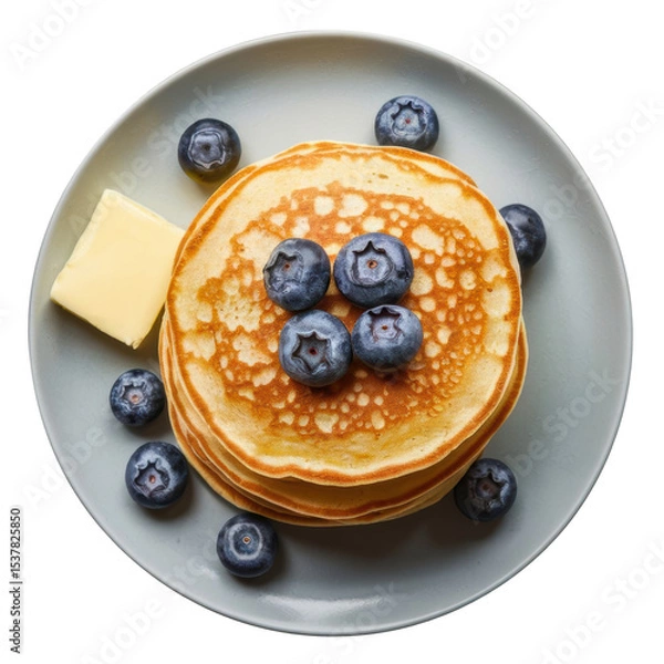 Fototapeta A stack of fluffy pancakes topped with fresh blueberries and a pat of butter, arranged on a round gray plate.