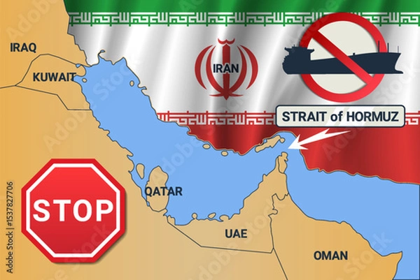 Fototapeta Vector graphic map of Western Asia. Strait of Hormuz and prohibitory sign. Ban on movement of oil tankers. Iranian ban. Islamic Republic of Iran