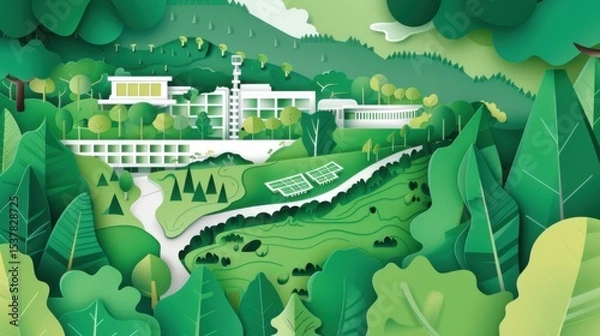 Fototapeta A dynamic illustration of a green innovation campus with bioclimatic architecture, vertical gardens, and renewable energy pavilions