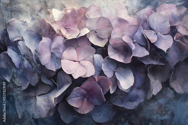 Fototapeta Detailed close-up view of hydrangea blossoms in muted lavender tones.