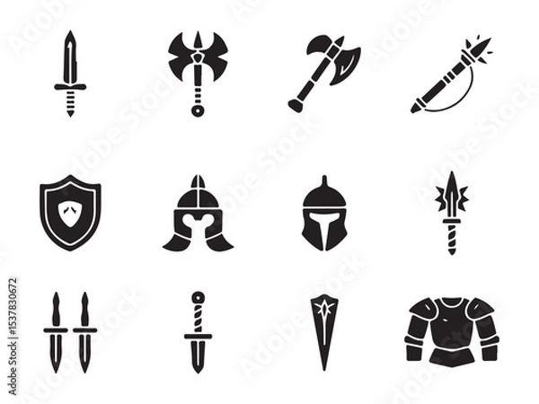 Obraz A set of black and white silhouettes depicting various medieval weapons and armor vector art on white