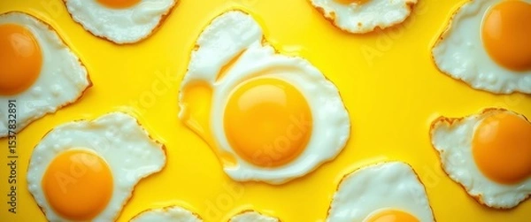 Obraz Golden fried eggs, sunny-side up, yolk-centric pattern on vibrant yellow background,   breakfast food,   egg pattern