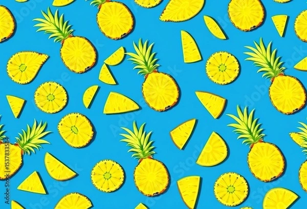 Obraz Seamless pattern of vibrant yellow pineapple slices on a solid blue background,  illustration,  food