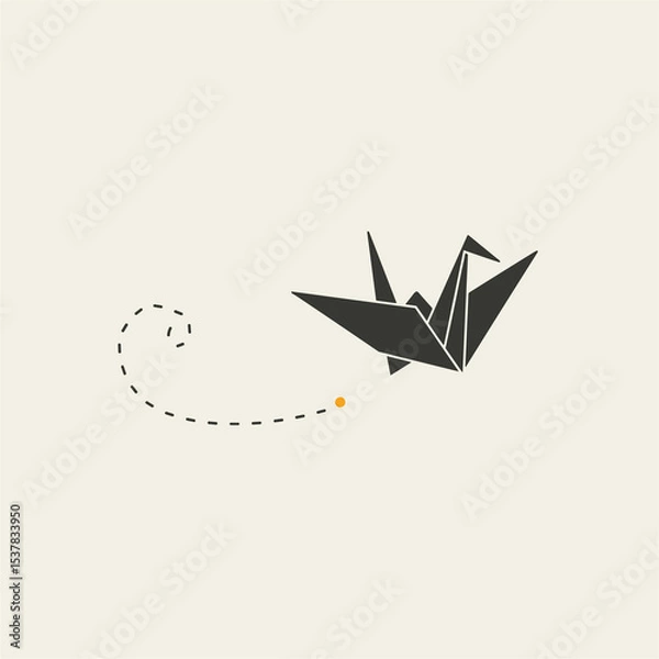 Fototapeta Minimalist Origami Crane's Journey. Abstract paper bird with path.