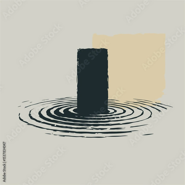 Fototapeta Japandi Style Abstract Art. Minimalist monolith with zen ripples.
