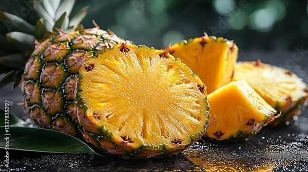 Fototapeta Fresh pineapple slices on dark surface