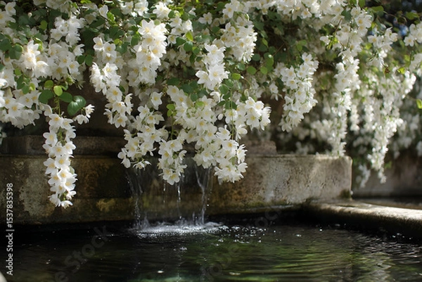 Fototapeta A cascading waterfall spills into a tranquil water feature, adorned with delicate white flowers.