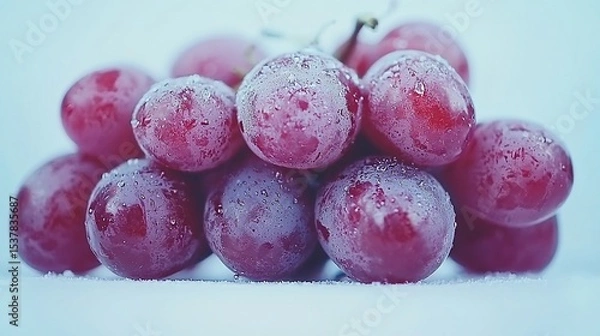 Fototapeta Fresh, plump, crimson grapes covered in frost. Close-up view of a cluster of dewy red grapes on a snowy surface