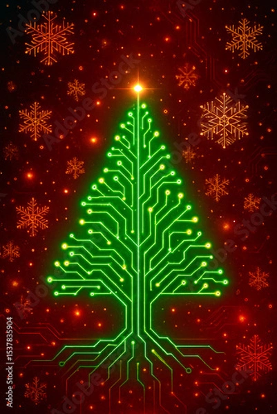 Fototapeta Futuristic Christmas Circuit Tree with Glowing Tech Ornaments