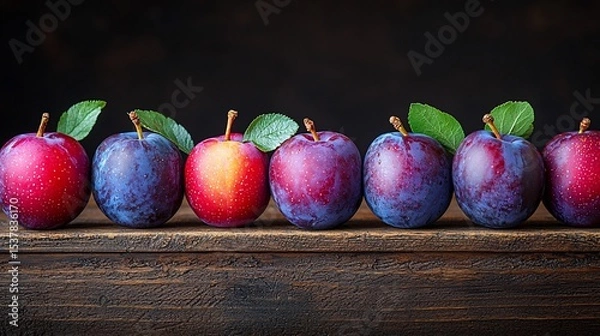 Fototapeta Fresh plums in a row on a rustic wooden surface