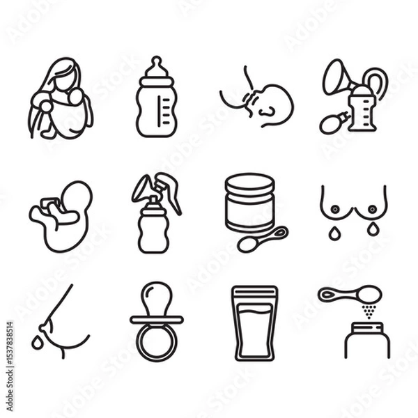 Obraz Collection of breastfeeding line icons. Contains icons such as breastfeeding mother, breast pump, formula milk, and more.