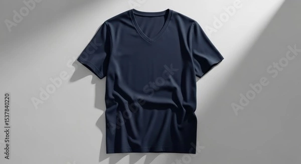 Fototapeta Stylish Navy V-Neck T-Shirt Laid on a Soft Gray Background with Subtle Shadows