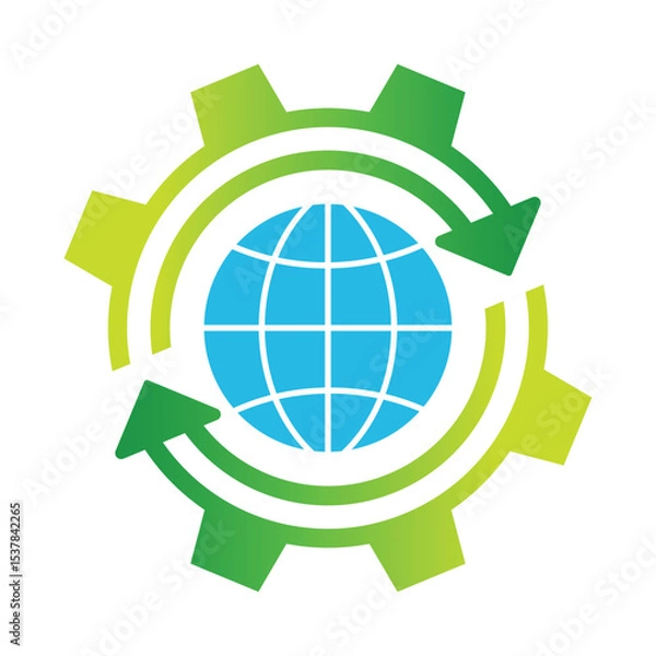 Obraz Vector illustration of a globe encircled by green arrows forming a gear, symbolizing the circular economy, sustainable industry, and eco innovation. Perfect for global recycling and green solutions.