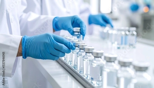 Fototapeta Scientists in blue gloves handle rows of vials in a bright laboratory, focusing on production or testing.
