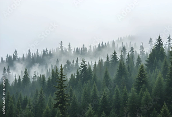 Obraz Foggy Evergreen Forest Landscape with Mist and Diffused Light
