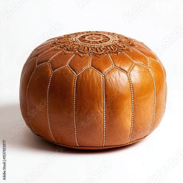 Fototapeta Elegant Tan Leather Pouf Ottoman with Intricate Mandala Design a Stylish Home Decor Accent for Living Room or Bedroom adding Boho Chic Atmosphere