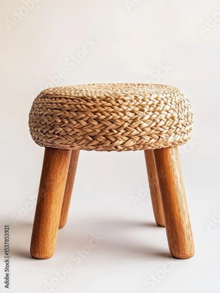 Fototapeta A charming woven seagrass stool with solid wood legs a perfect addition to bohemian home decor offering comfort and style for any room