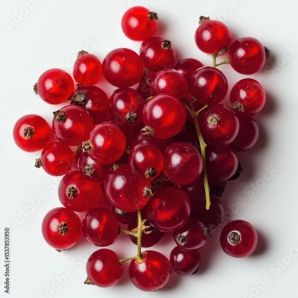 Fototapeta A vibrant cluster of ripe red currants showcases their juicy texture and intense color against a stark white background perfect for food blogs or culinary publications.