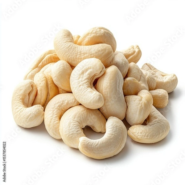 Fototapeta A heap of creamy cashew nuts sits against a pristine white background showcasing their natural wholesome texture and appealing color ideal for food blogs culinary websites and packaging design
