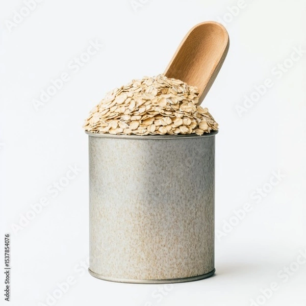 Fototapeta Rolled Oats in Rustic Metal Container with Wooden Spoon A Healthy Breakfast Cereal Grain Food Photography