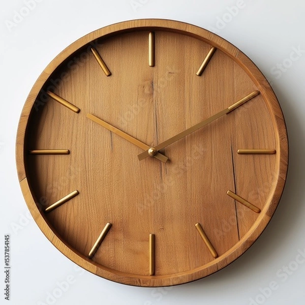 Fototapeta Elegant Wooden Wall Clock with Gold Accents Perfect for Modern Home Decor enhancing any room's aesthetic appeal showcasing a minimalist design and precise timekeeping