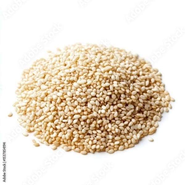 Fototapeta A close-up view of a mound of unhulled sesame seeds against a stark white background showcasing their creamy texture and natural color ideal for culinary and nutritional contexts.