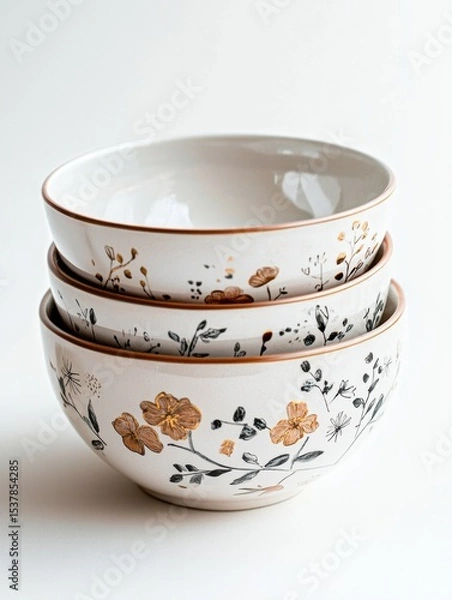 Fototapeta Elegant Stacked Ceramic Bowls with Delicate Floral Design Ideal for Serving Salads Soups or Desserts in Rustic Farmhouse Kitchens or Modern Dining Settings