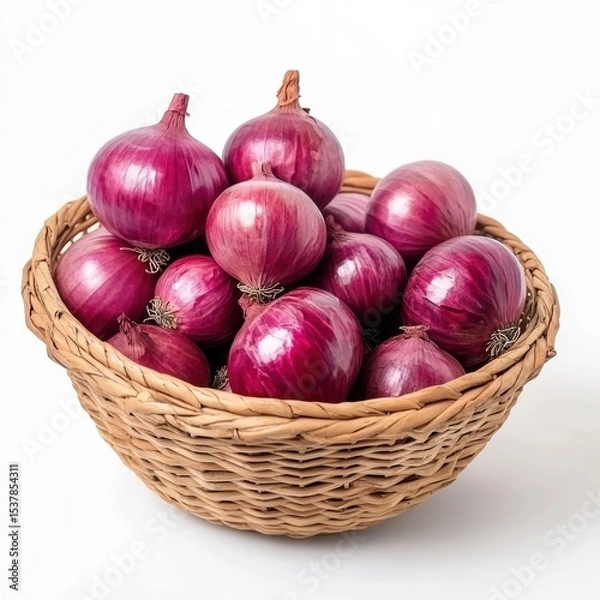 Fototapeta A wicker basket overflows with a vibrant harvest of fresh red onions ready for culinary use, showcasing their rich color and texture.