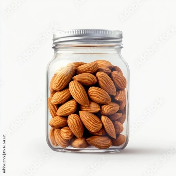 Fototapeta A glass jar brimming with healthy almonds ready for snacking or culinary creations offers a nutritious and delicious treat perfect for enhancing recipes or enjoying as a wholesome snack.