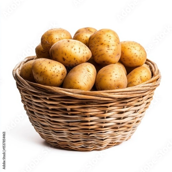 Fototapeta A wicker basket brimming with freshly harvested potatoes sits against a clean white background showcasing their golden hue and rustic charm.  These healthy tubers are perfect for a delicious meal.