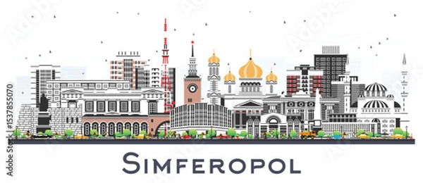 Fototapeta Simferopol Crimea city skyline with color buildings isolated on white. Simferopol cityscape with landmarks. Travel and tourism concept with modern and historic architecture.
