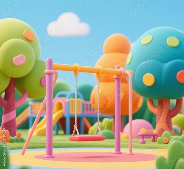 Fototapeta Cartoon Playground in Vibrant Colors with Swing and Decorative Trees