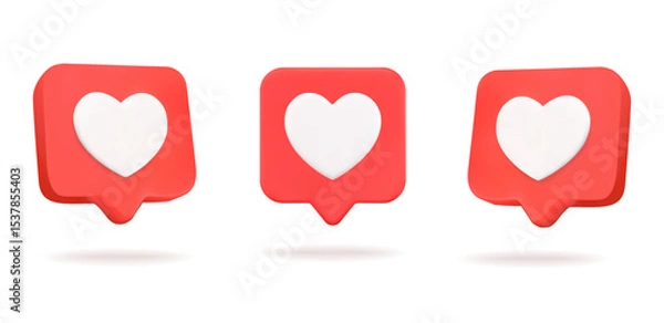 Fototapeta 3d heart textbox, love social emoticons in minimal style in different angles, isolated on background. Love emoji icons in 3d vector. Vector illustration