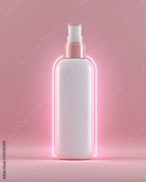 Fototapeta Minimalist Skincare Bottle Mockup with Soft Pink Background and Neon Accents for Creative Design Projects