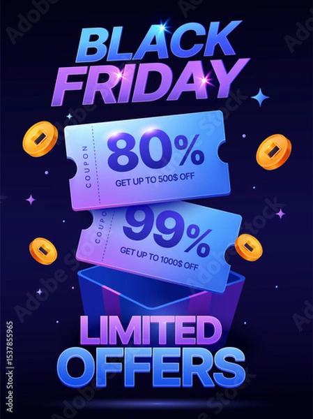 Fototapeta 3d Black Friday banner with flying coupons and coins from a gift box, isolated on galaxy background. Black Friday limited offer gift voucher banner template in 3d vector. Vector illustration