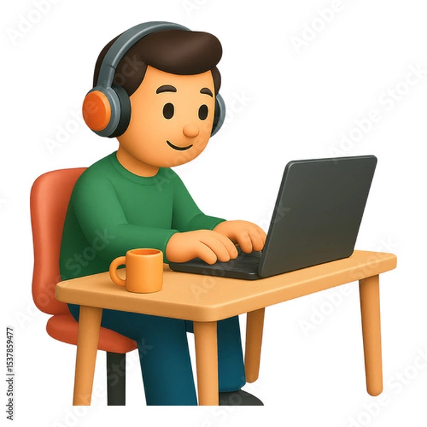 Fototapeta Working and Learning at Home: A young man is seen fully immersed in his work or study, using a laptop computer while wearing headphones, with a coffee mug, a setting of comfort, concentration.