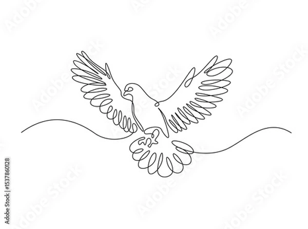 Fototapeta Flying pigeon in single outline illustration. Continuous line art drawing of dove bird. Editable stroke.
