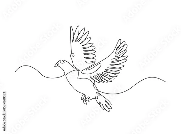 Fototapeta Flying pigeon in single outline illustration. Continuous line art drawing of dove bird. Editable stroke.