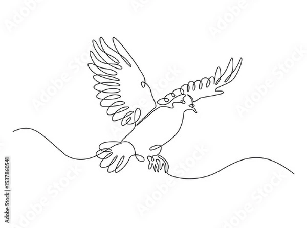 Fototapeta Flying pigeon in single outline illustration. Continuous line art drawing of dove bird. Editable stroke.