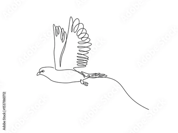 Fototapeta Flying pigeon in single outline illustration. Continuous line art drawing of dove bird. Editable stroke.