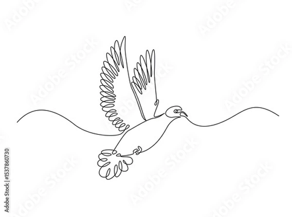 Fototapeta Flying pigeon in single outline illustration. Continuous line art drawing of dove bird. Editable stroke.