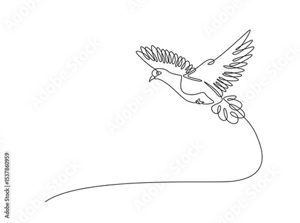 Fototapeta Flying pigeon in single outline illustration. Continuous line art drawing of dove bird. Editable stroke.