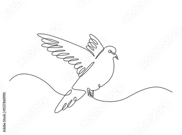 Fototapeta Flying pigeon in single outline illustration. Continuous line art drawing of dove bird. Editable stroke.