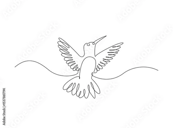 Fototapeta Hummingbird fly in single outline illustration. Continuous line art drawing of hummingbird or colobri. Editable stroke.