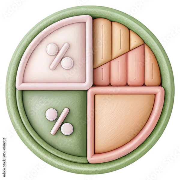 Fototapeta A stylized circular pie chart with four distinct segments, two featuring percentage symbols and the other two with abstract patterns in pastel colors.