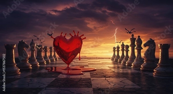 Fototapeta Chess Heart Symbol on Checkboard under Stormy Sky